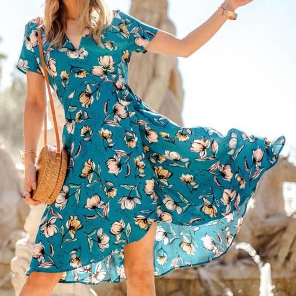 Bohme Floral Print Wrap Dress Short Sleeve Blue